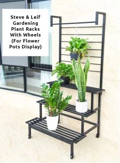 Steve & Leif Gardening Supplies 2 - 3 Steps Gardening Plant Rack With Wheels For Flower Pots (Black)