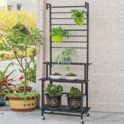 Steve & Leif 3 Steps Gardening Plant Rack With Wheels For Flower Pots (Black)