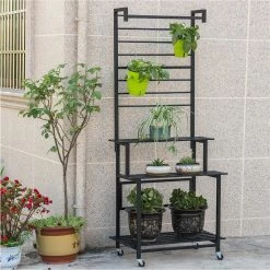 Steve & Leif 3 Steps Gardening Plant Rack With Wheels For Flower Pots (Black)